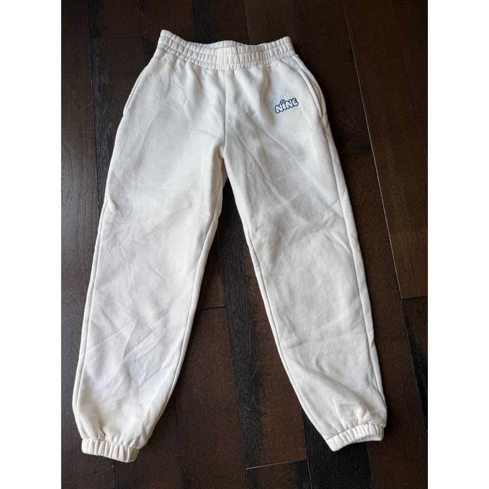 Cloud Nine Womens Cream Fleece Joggers Sweatpants Small Embroidered Logo Lounge